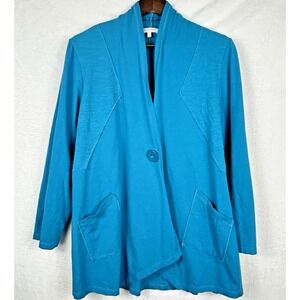 Habitat Blue Cardigan Button Patch Pocket Lagenlook Asymmetric Hem Stretch Art L